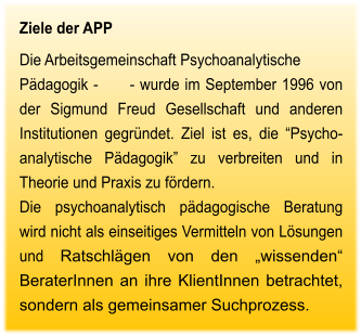 Ziele der APP Die Arbeitsgemeinschaft Psychoanalytische Pädagogik -      - wurde im September 1996 von der Sigmund Freud Gesellschaft und anderen Institutionen gegründet. Ziel ist es, die “Psycho-analytische Pädagogik” zu verbreiten und in Theorie und Praxis zu fördern.  Die psychoanalytisch pädagogische Beratung wird nicht als einseitiges Vermitteln von Lösungen und Ratschlägen von den „wissenden“ BeraterInnen an ihre KlientInnen betrachtet, sondern als gemeinsamer Suchprozess.